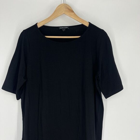 Eileen Fisher Dress Size Medium Black Jersey Knit Shift Stretch Half Sleeve - Picture 2 of 9